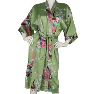 Vintage Golden Dragon Satin Sage Green Peacock Nightgown Kimono Robe Bath Gown